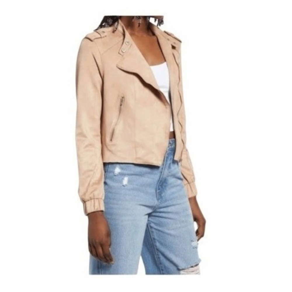 Blank NYC Faux Suede Moto‎ Bomber Jacket Sand Dune Tan Long Sleeve Zip-Up L